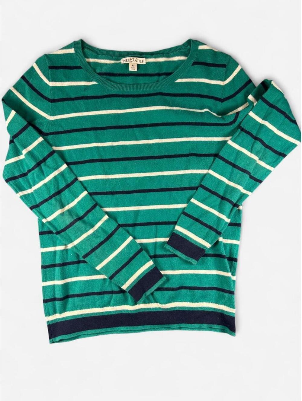 Vintage J.Crew Mercantile Women's Striped Cotton Sweater XS Green Navy Cream